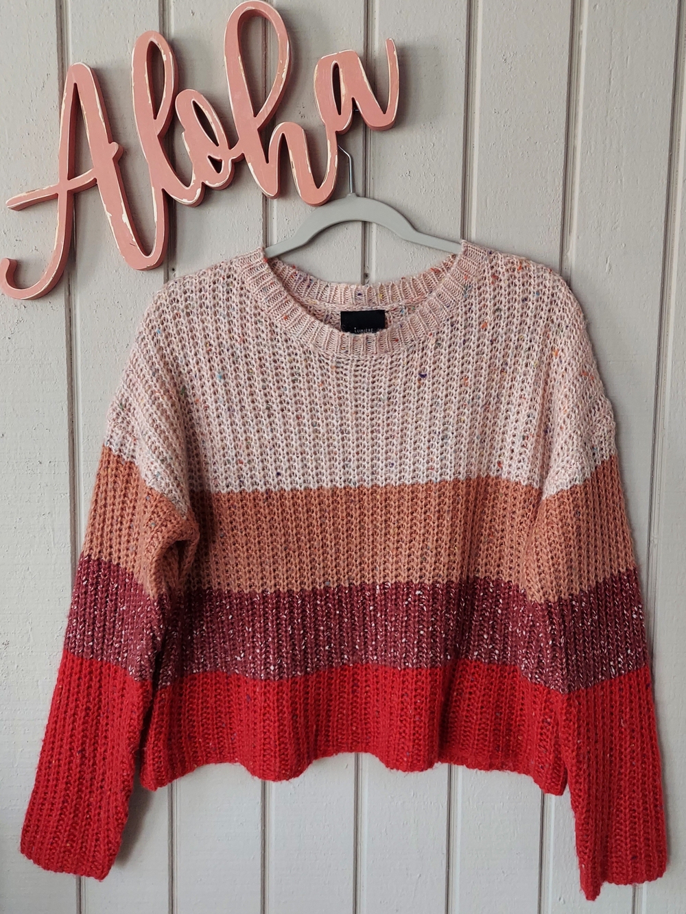 Lumiere Boho Fall Colorblock Chunky Knit Slightly Cropped Boxy Sweater Women's M